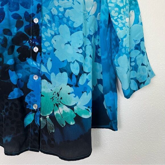 Soft Surroundings Jolene Silk Floral Button Up Shirt Blue Tunic Top Petite Large - Picture 4 of 11